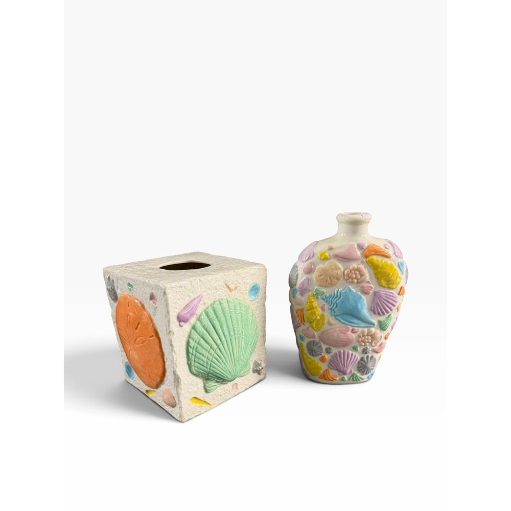 Tissue Box Cover Vase Ceramic Starfish Sea Shells Ocean Beach House Costal MCM